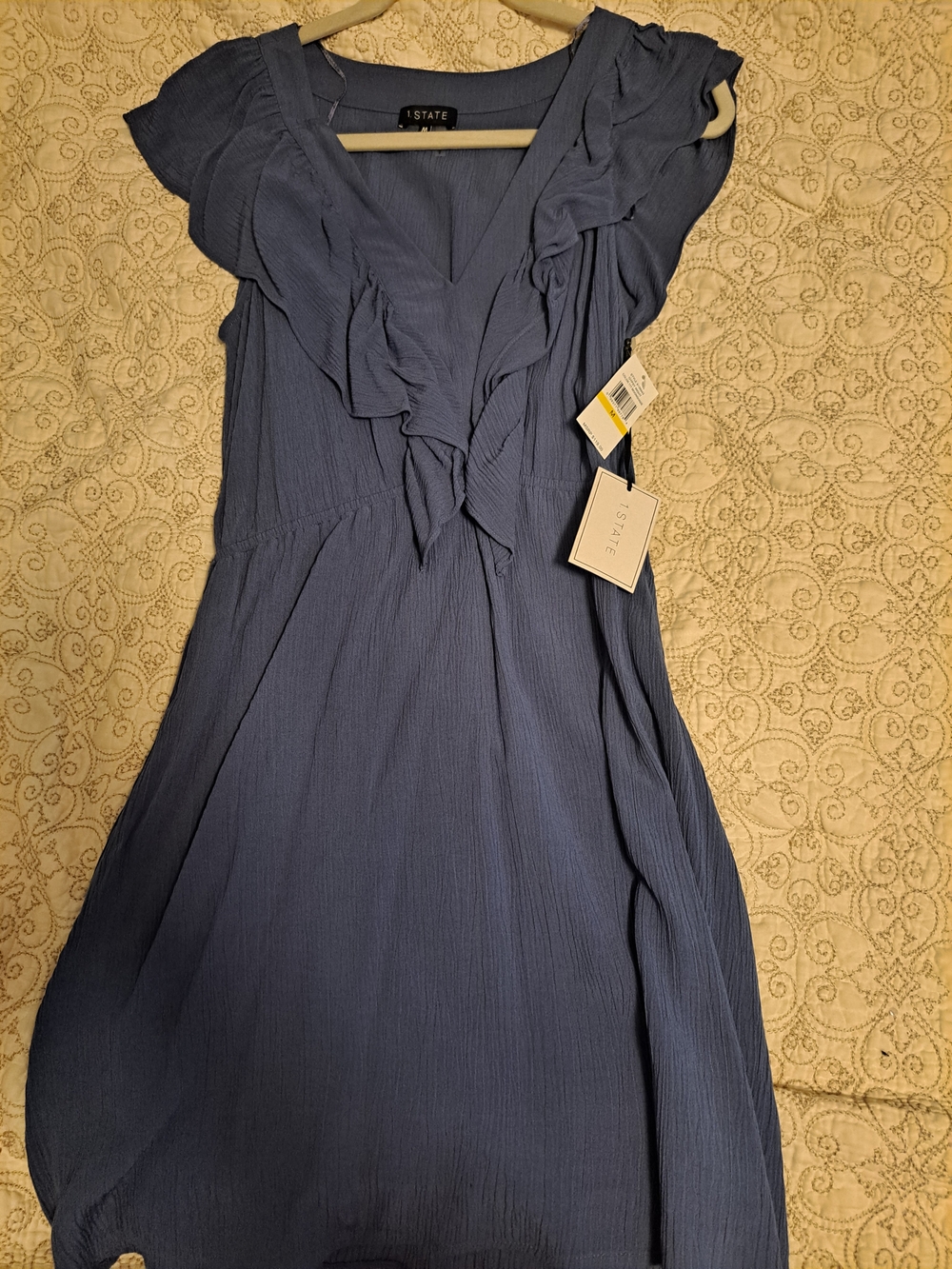 1. State Slate Blue Ruffle V-Neck Midi Dress